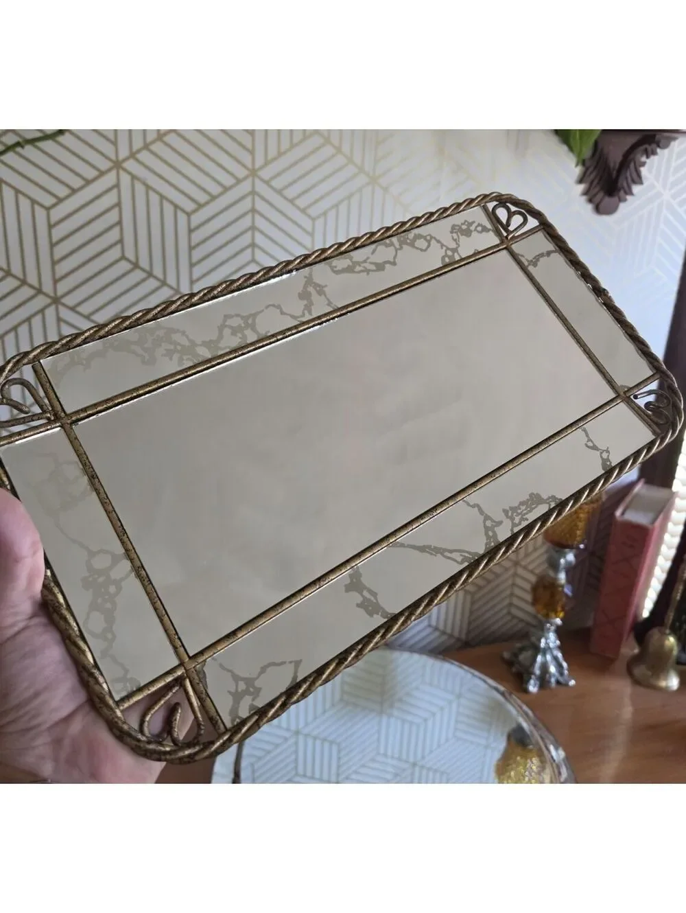 Vintage Gold Veined Retro Mirror Tray Twisted Gold Hearts 15